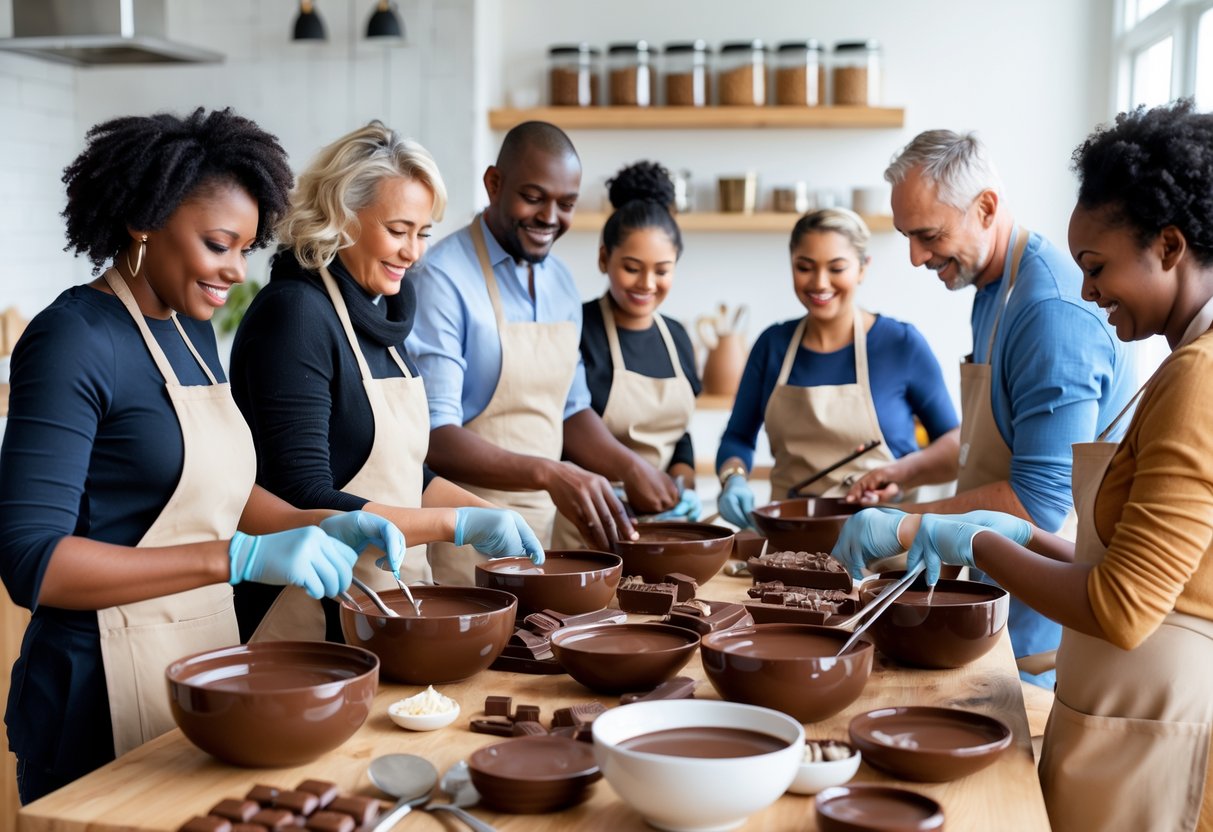 A group of people wearing aprons making chocolate together around a table with chocolate molds and ingredients in a bright kitchen.