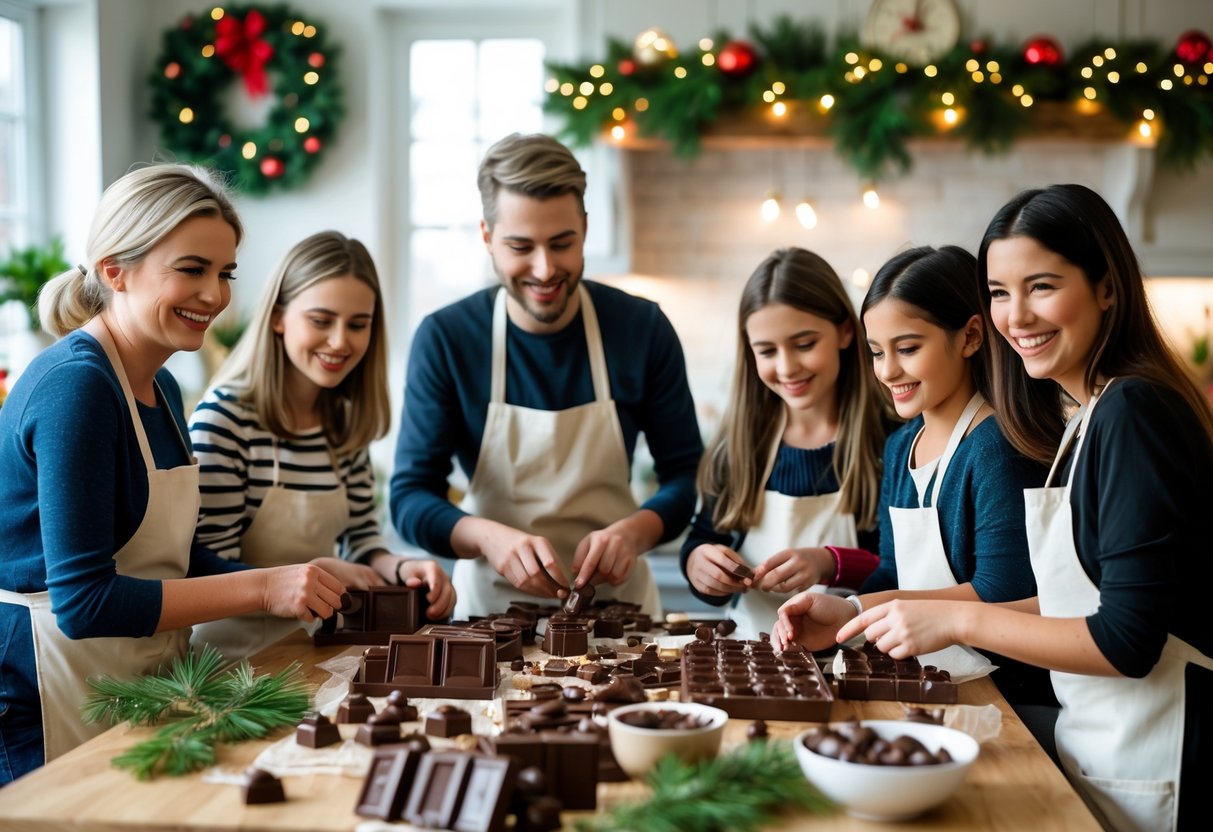 A group of people making chocolates together at a decorated holiday workshop table.