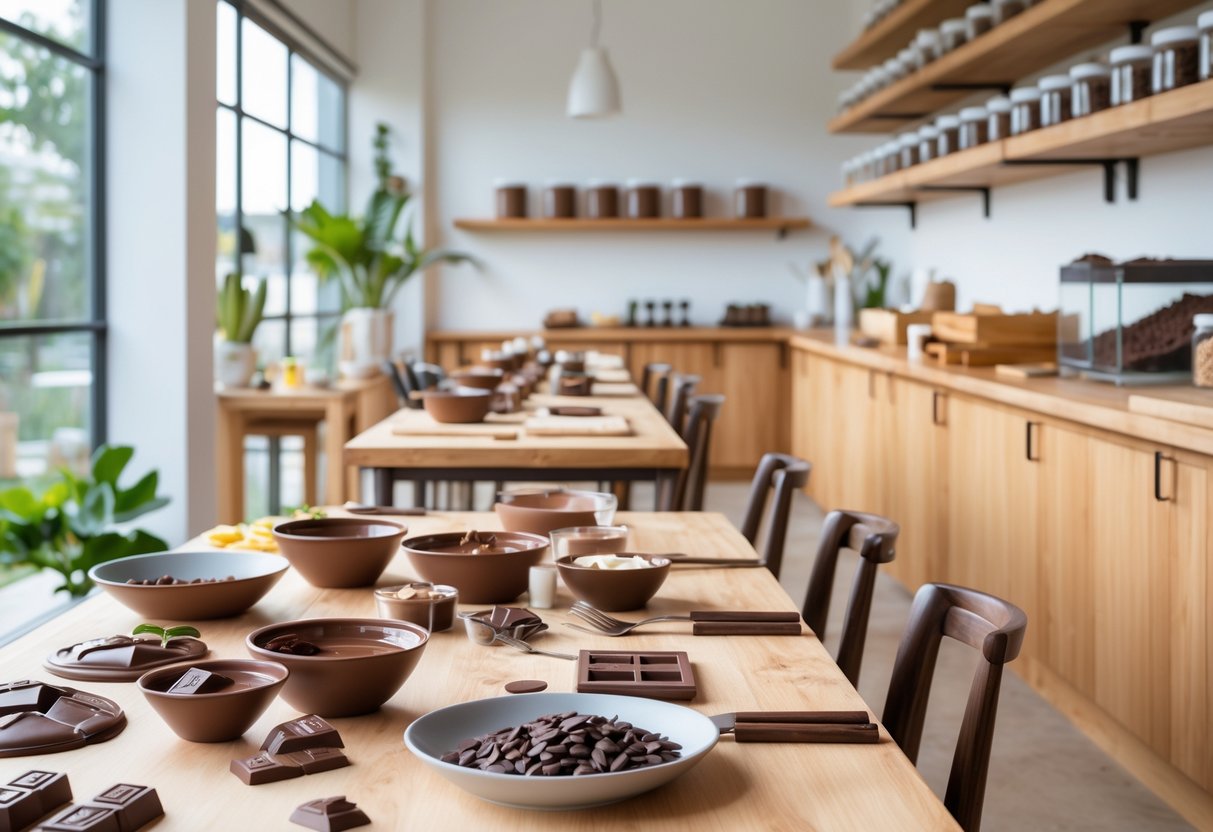 Empty workshop space with tables and tools set up for chocolate making, featuring bowls of chocolate, molds, and ingredients on countertops.