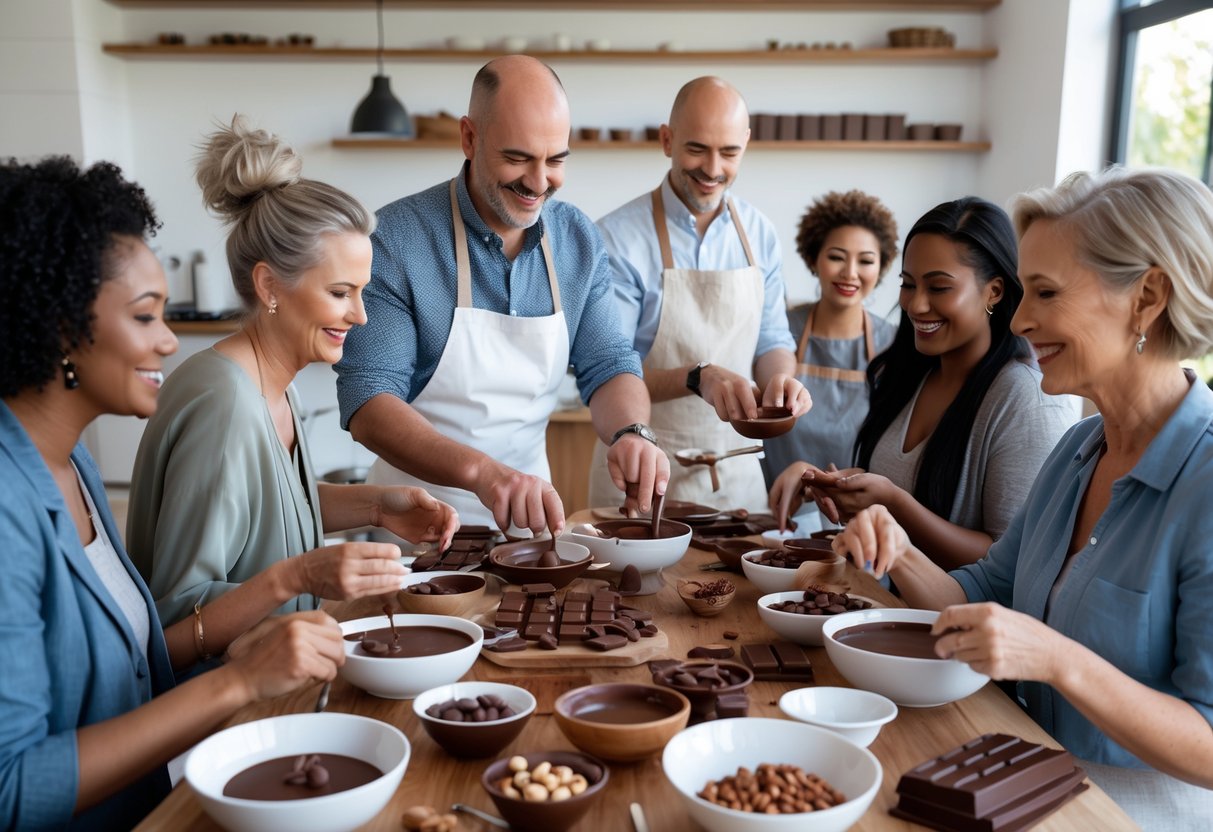 A group of adults participating in a chocolate making workshop around a table with chocolate ingredients and tools, guided by an instructor in a kitchen studio.