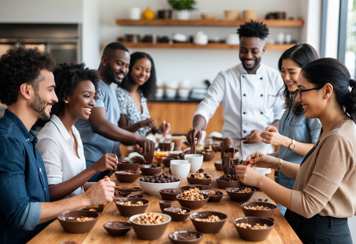 People participating in a chocolate making workshop, working together in a group and receiving individual instruction in a bright kitchen.
