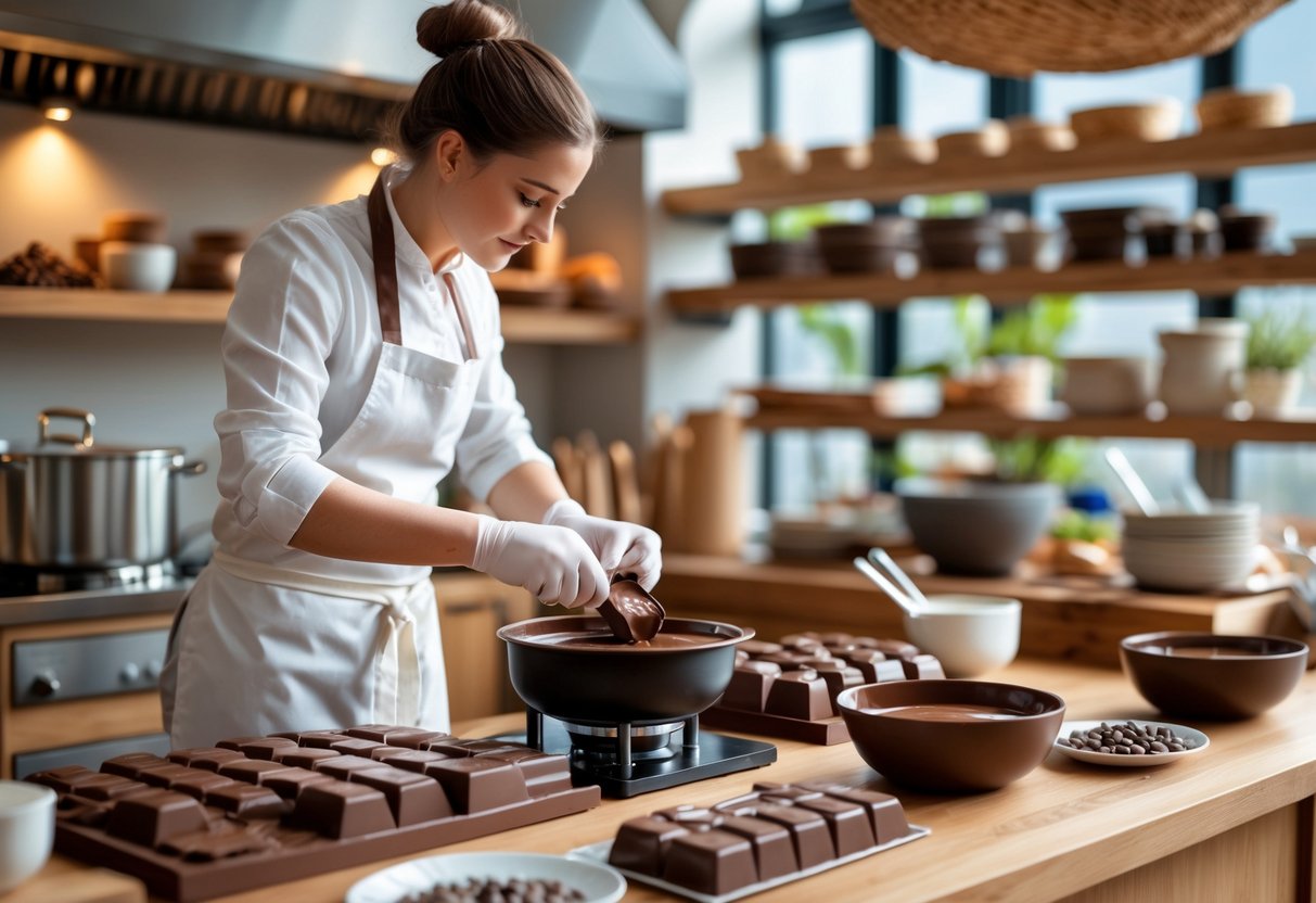 A chocolatier working with melted chocolate in a kitchen surrounded by chocolate-making tools and ingredients.