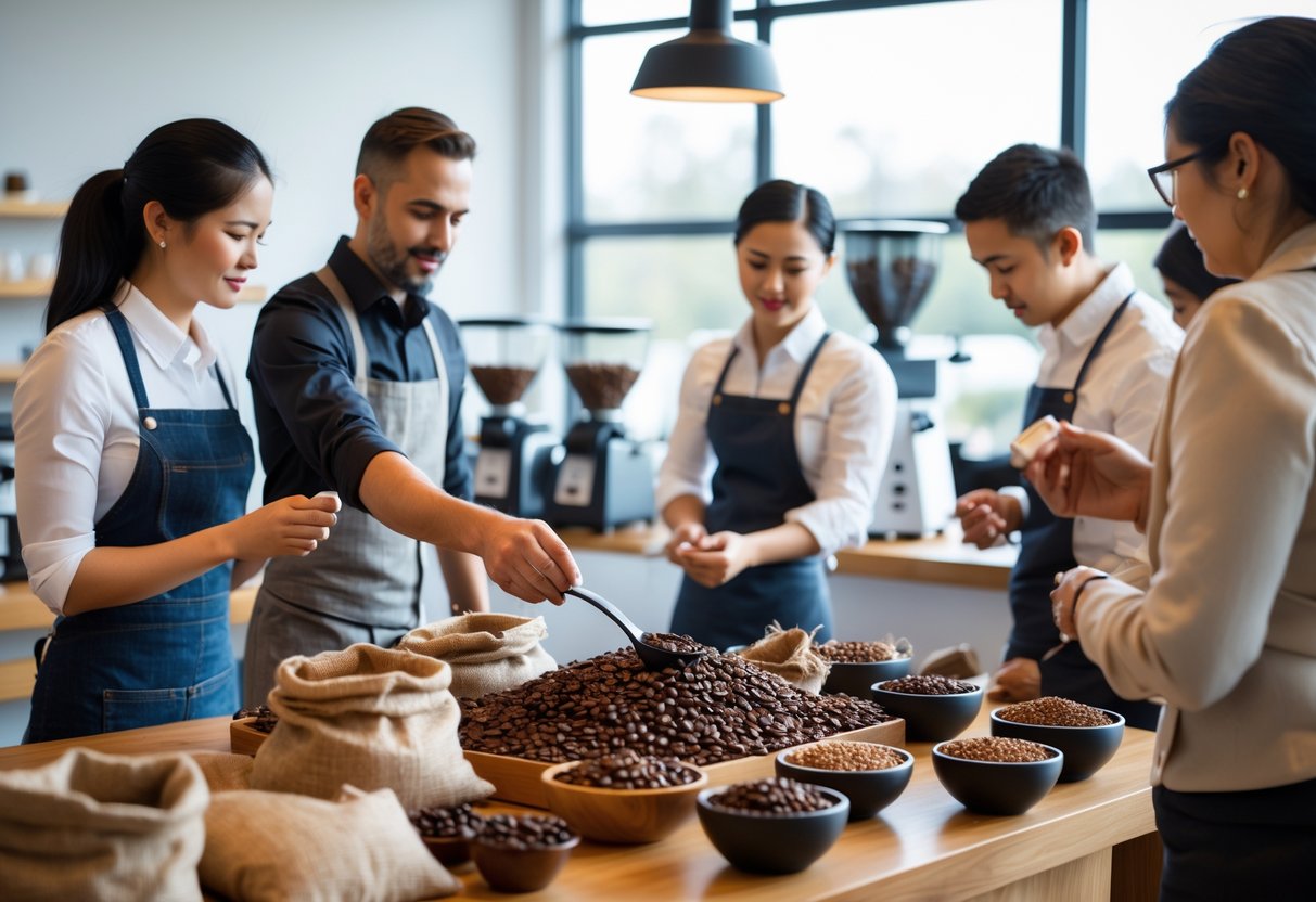 A barista instructor teaching a group of trainees about different coffee beans during a training session.