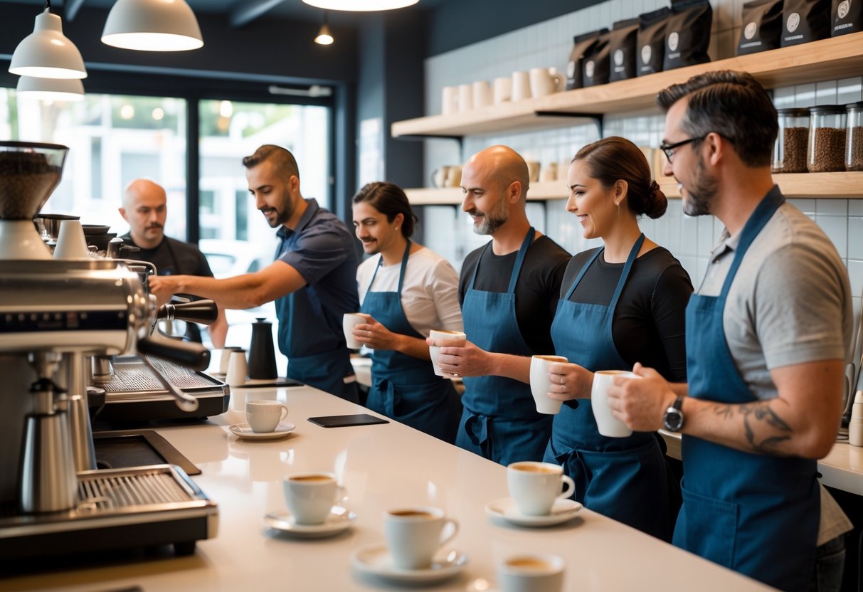 A group of adults learning barista skills in a coffee shop with an instructor demonstrating espresso machine use.