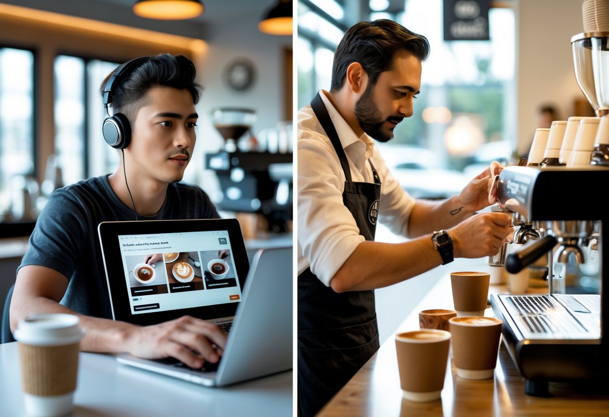 A split image showing a person learning barista skills online with a laptop on one side, and an instructor teaching a group of trainees in a coffee shop on the other side.