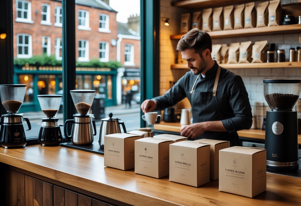 A barista preparing coffee behind a wooden counter in a cozy coffee shop with coffee subscription boxes and a view of a Dublin street through the window.
