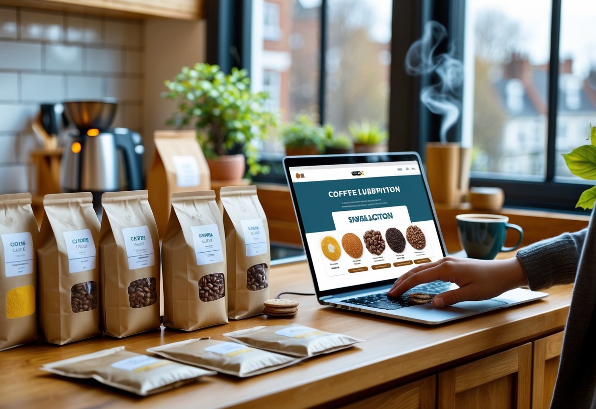 A person selecting coffee bags on a kitchen counter with a laptop showing coffee subscription options and a cup of coffee nearby.