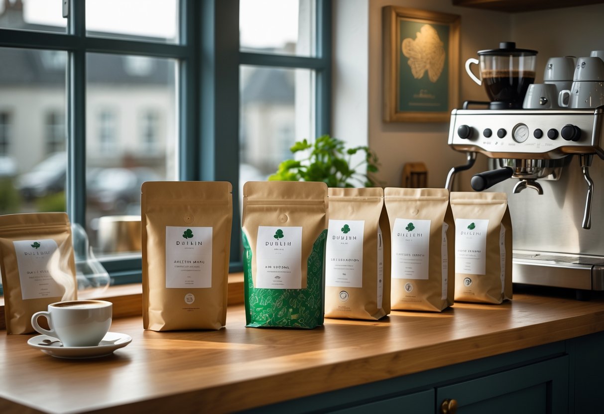 A kitchen countertop with various coffee subscription packages, a coffee machine brewing espresso, and a cup of coffee, with a window showing a city view in the background.