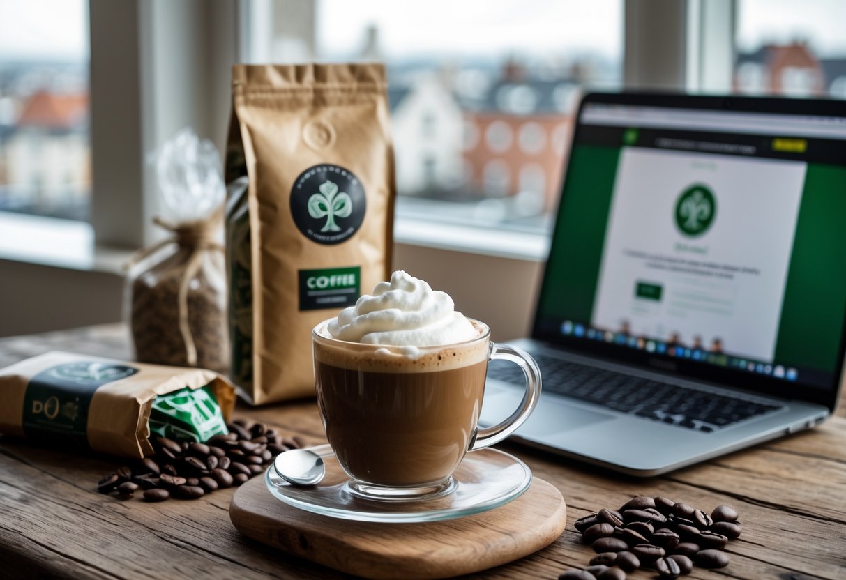 A glass of Irish coffee with whipped cream on a wooden table next to coffee beans and a laptop, with a blurred view of Dublin city in the background.