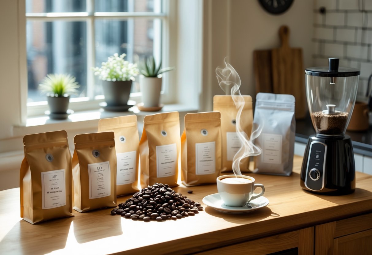 A kitchen table with coffee subscription boxes, coffee bags, a coffee grinder, and a steaming cup of coffee in a cozy apartment setting.