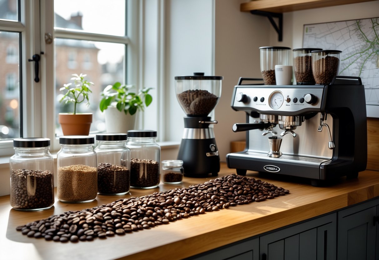 A kitchen countertop with coffee beans in jars, a coffee grinder, and an espresso machine near a window.