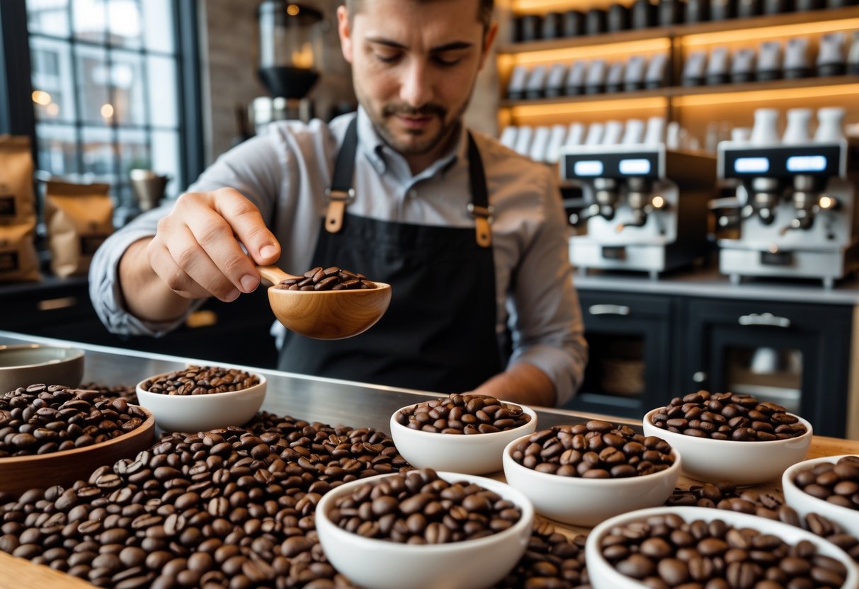A person examining freshly roasted coffee beans in a warm, modern coffee roasting space with various coffee beans displayed and roasting equipment in the background.