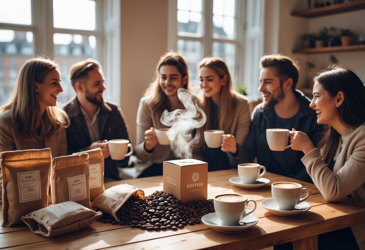 A group of people enjoying coffee together around a wooden table with coffee beans and mugs in a sunlit Dublin apartment.