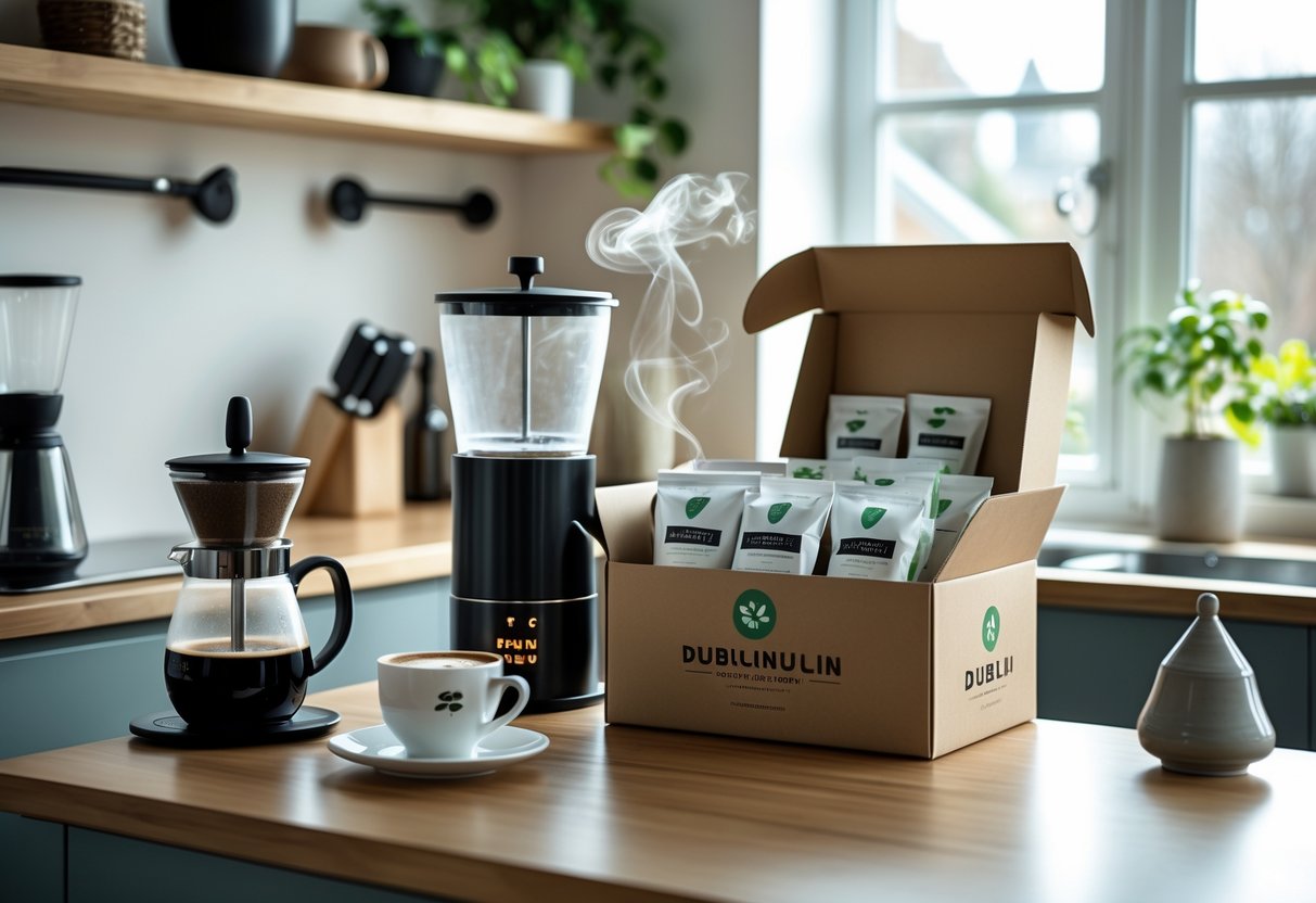A kitchen countertop with coffee brewing equipment, a steaming cup of coffee, and an open box containing assorted coffee bags.