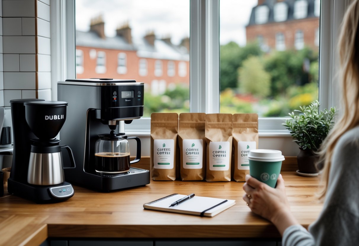 Hands holding a reusable coffee cup next to a coffee machine and coffee bags on a kitchen counter with a window showing Dublin city buildings in the background.