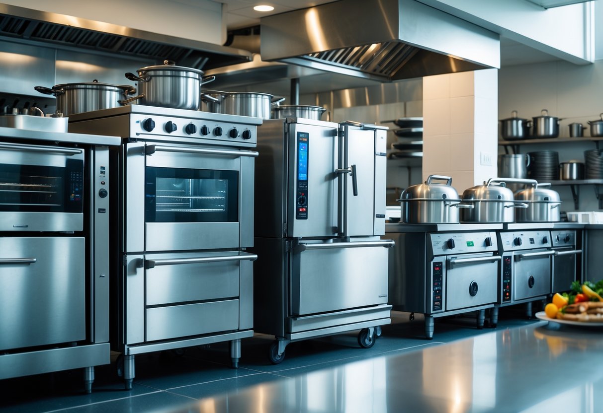 A commercial kitchen with various catering equipment including ovens, mixers, and preparation tables arranged neatly.