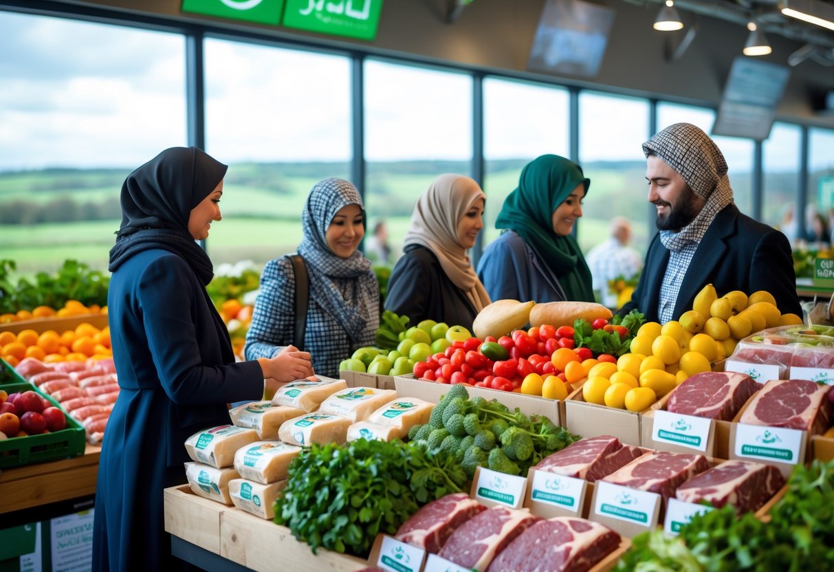 Shoppers browsing fresh produce and halal meat products in a bright market with an Irish countryside visible through windows.