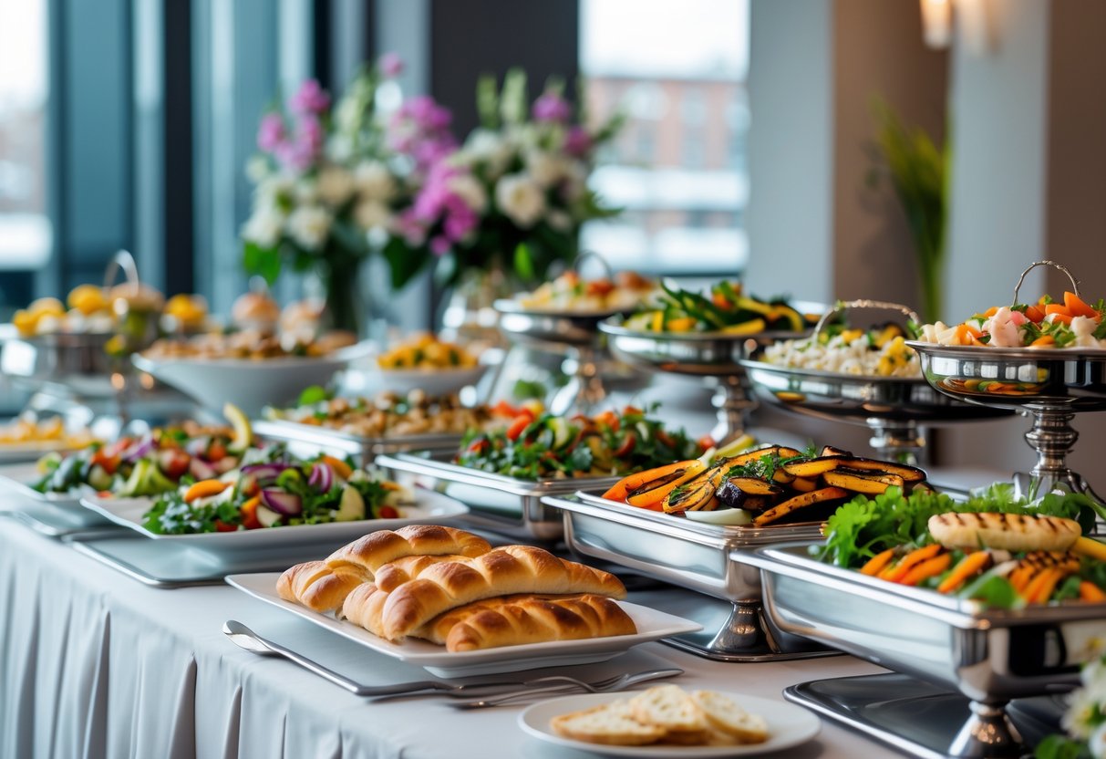 A buffet table with assorted kosher dishes arranged in a modern dining setting.