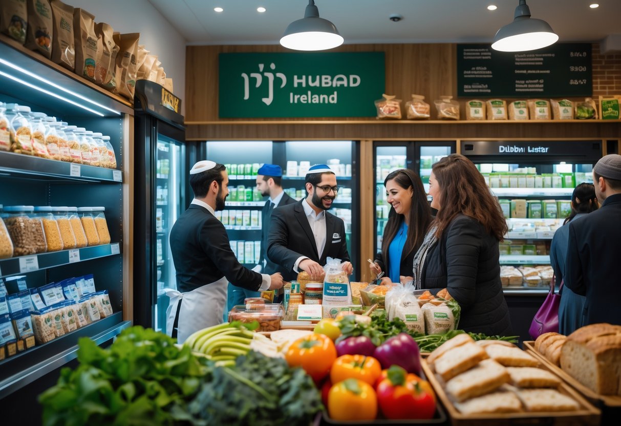 A kosher food market in Dublin with shelves of kosher products and a shopkeeper helping customers in a welcoming environment.