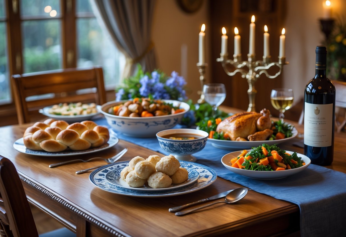 A dining table set with traditional kosher dishes including challah bread, chicken soup with matzo balls, roasted chicken, vegetables, and lit candles for a Shabbat or holiday meal.