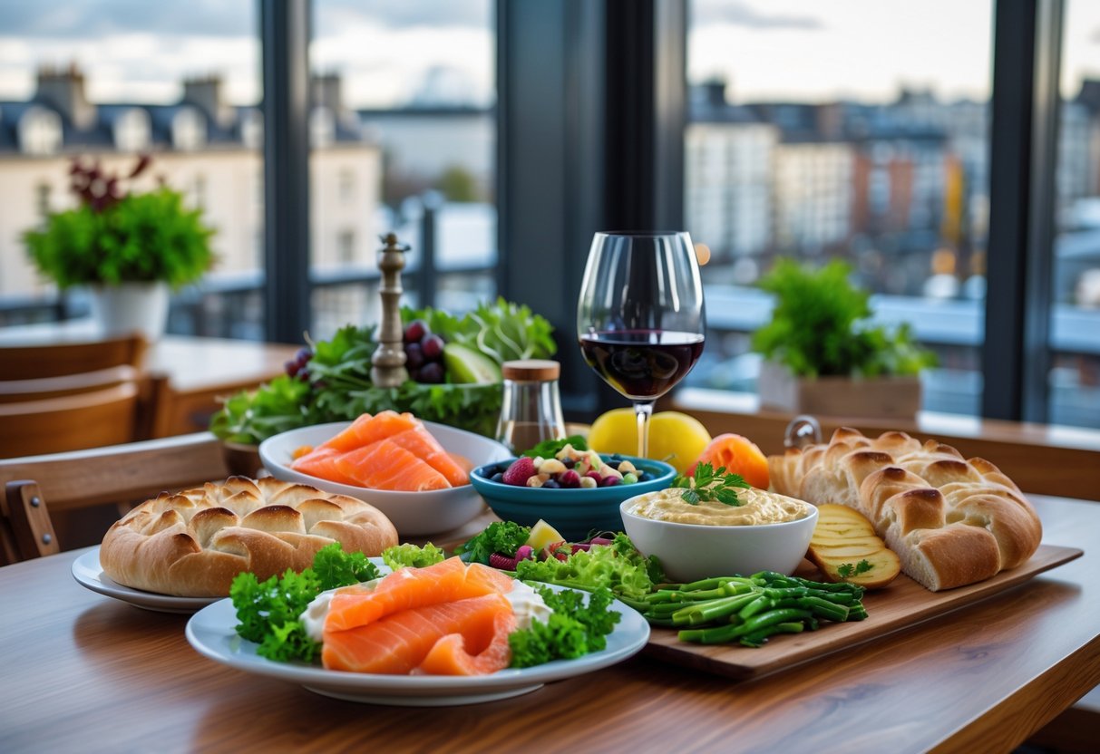 A table with a variety of kosher foods including bread, vegetables, salmon, and fruit in a bright dining area with a view of Dublin outside the window.