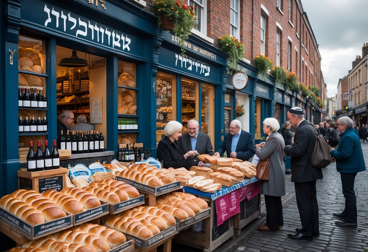 A busy street market in Dublin with people shopping for kosher food including bread and wine, surrounded by brick buildings and cobblestone sidewalks.