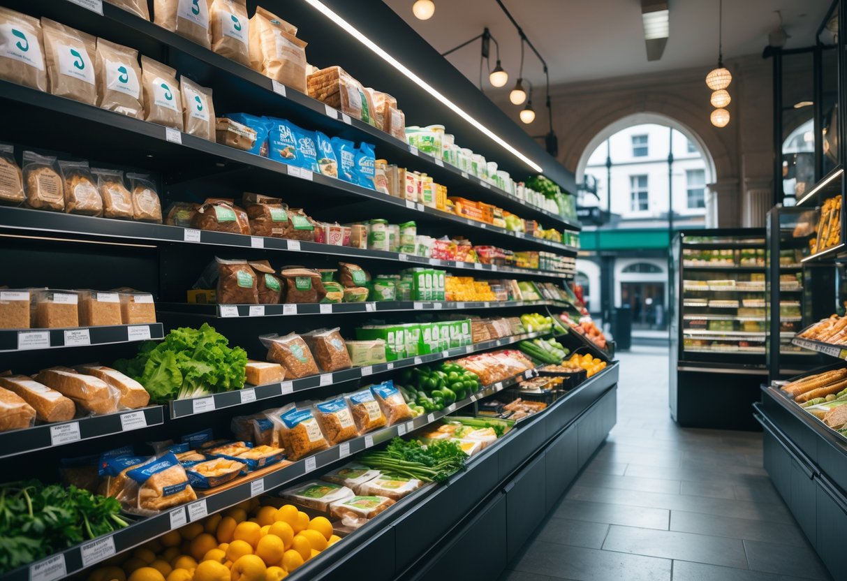 A clean and bright kosher food market in Dublin with shelves of kosher-certified products and fresh produce.