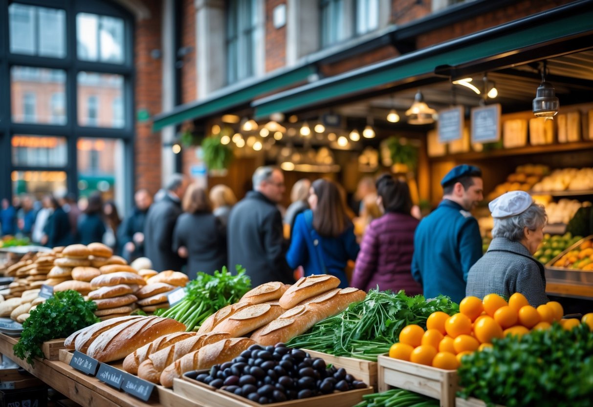 A busy indoor market in Dublin with stalls displaying fresh kosher foods and shoppers interacting with vendors.