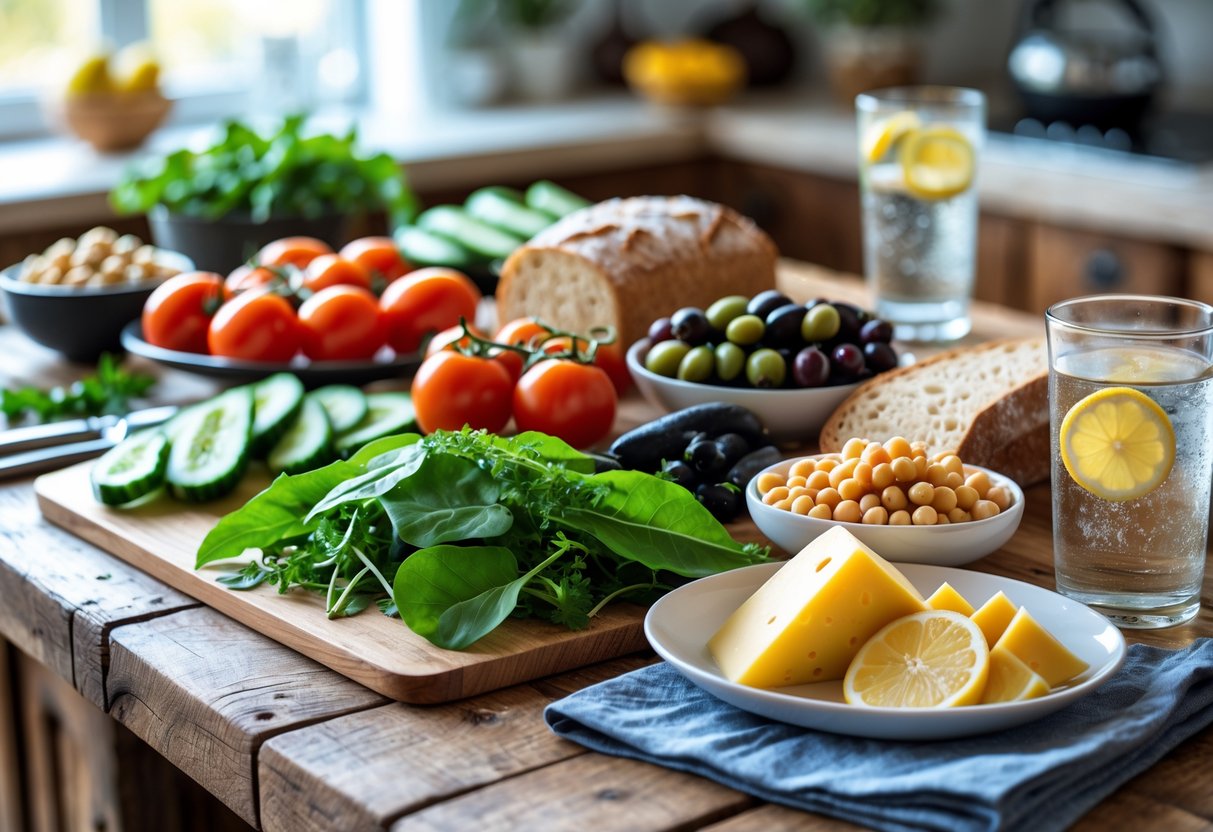 A wooden table with fresh vegetables, olives, chickpeas, whole grain bread, Irish cheddar cheese, olive oil, lemon wedges, and a glass of sparkling water in a bright kitchen.