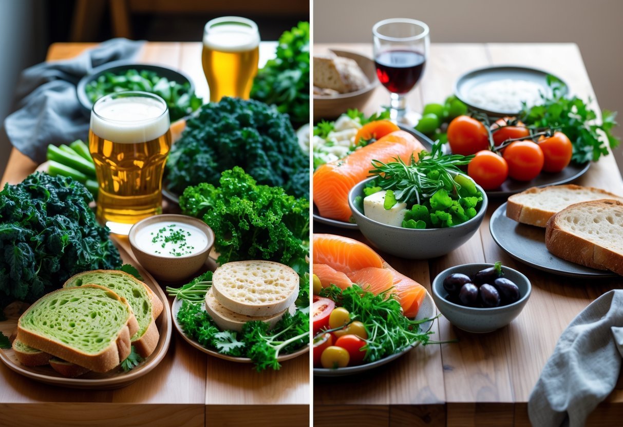 Two tables side by side displaying traditional Irish foods on one and Mediterranean diet foods on the other, with fresh vegetables, breads, cheeses, and drinks.