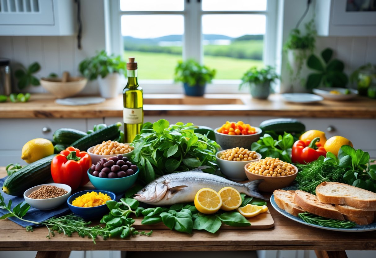 A table with fresh Mediterranean diet foods including vegetables, olives, olive oil, bread, herbs, lemons, and grilled fish in a bright kitchen with a view of green Irish countryside.