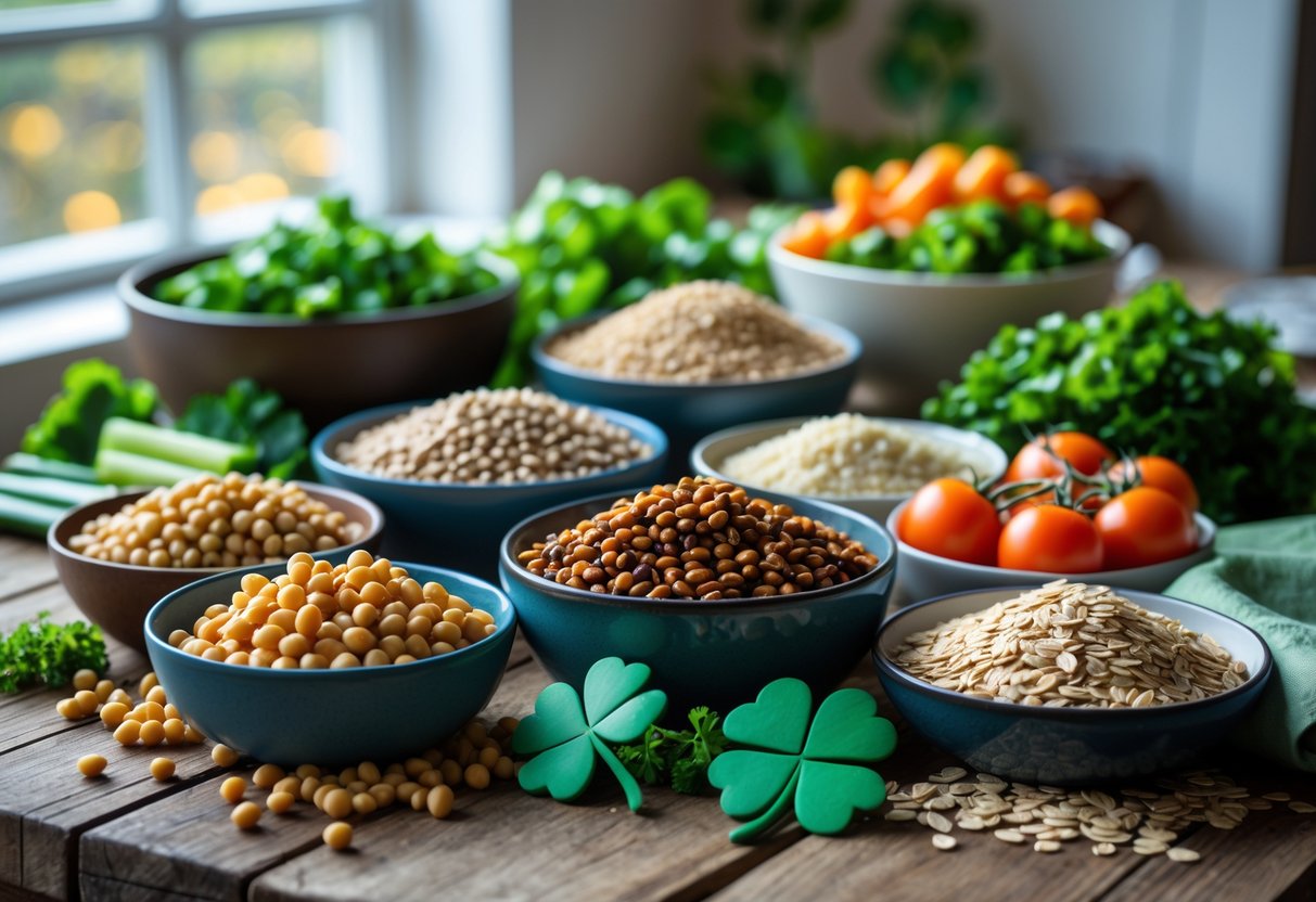 Bowls of whole grains and legumes with fresh vegetables arranged on a wooden table in a kitchen setting.