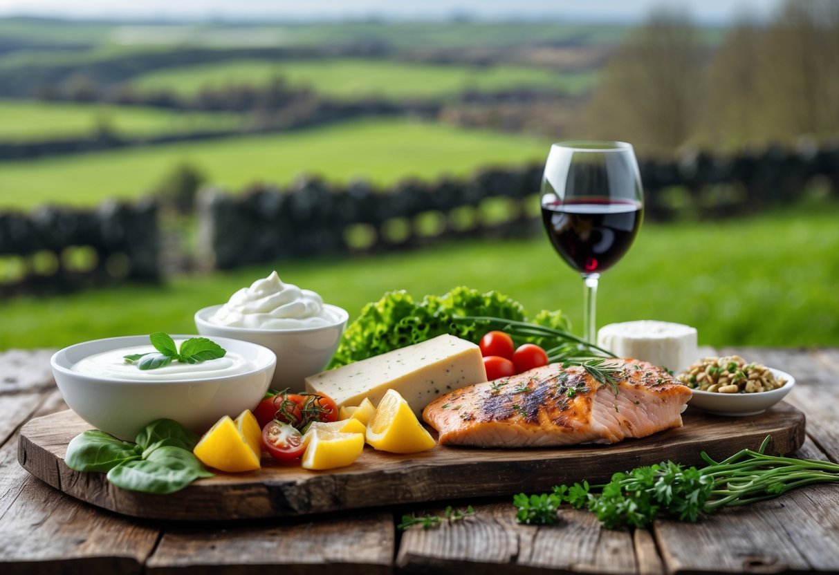 A wooden table with fresh dairy products, grilled meats, and a glass of red wine set against a green Irish countryside background.