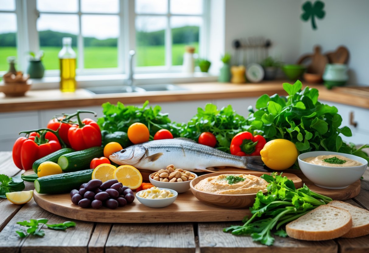 A table with fresh Mediterranean diet ingredients and dishes in a bright kitchen with a view of green Irish countryside.