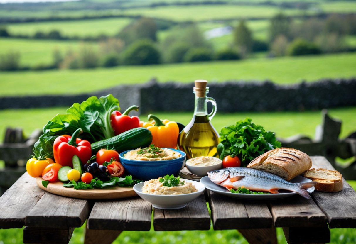 A wooden table outdoors with fresh Mediterranean vegetables, grilled fish, olive oil, and bread, set against a green Irish countryside background.