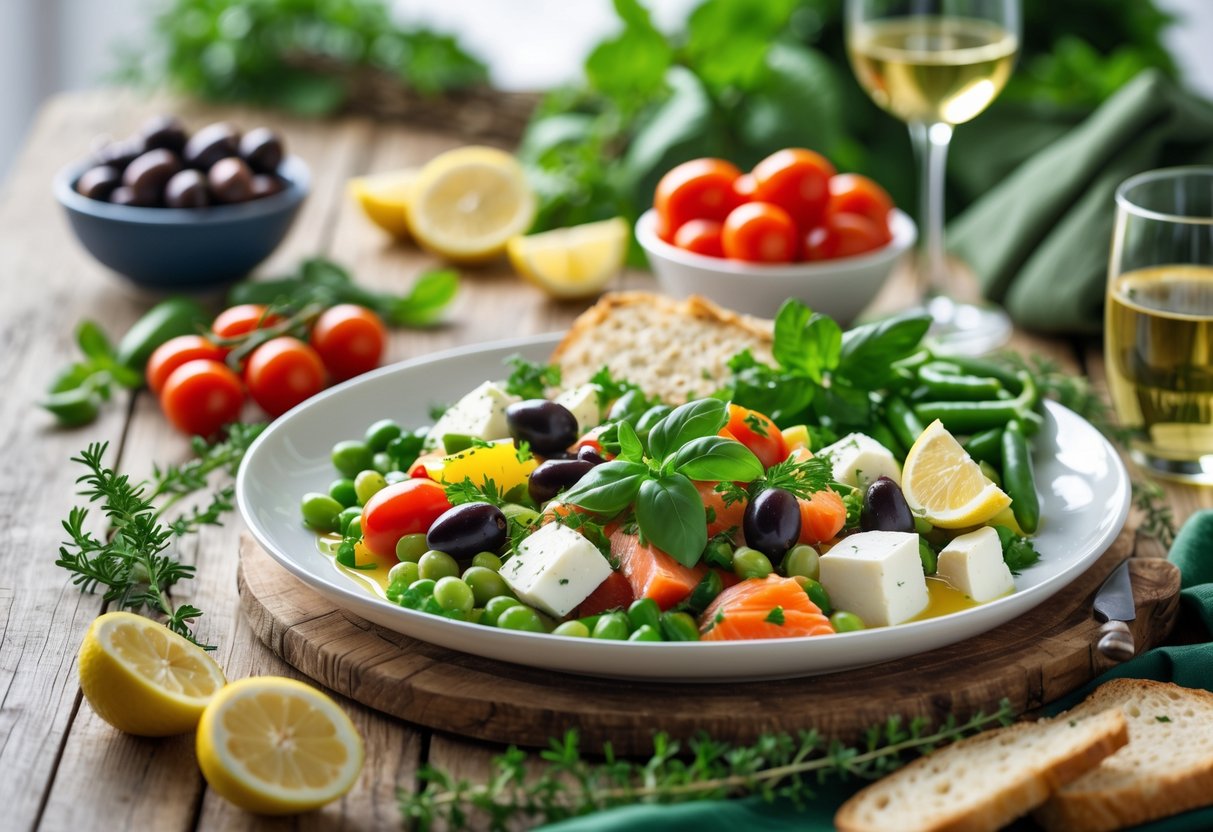 A table set with a variety of fresh Mediterranean and Irish fusion dishes including olives, tomatoes, feta cheese, soda bread, smoked salmon, and fresh herbs.