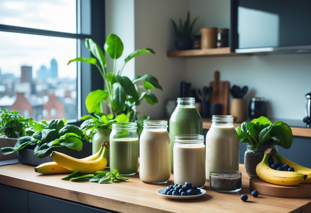 A kitchen countertop with several vegan protein shakes surrounded by fresh plant-based ingredients, with a window showing a city skyline in the background.