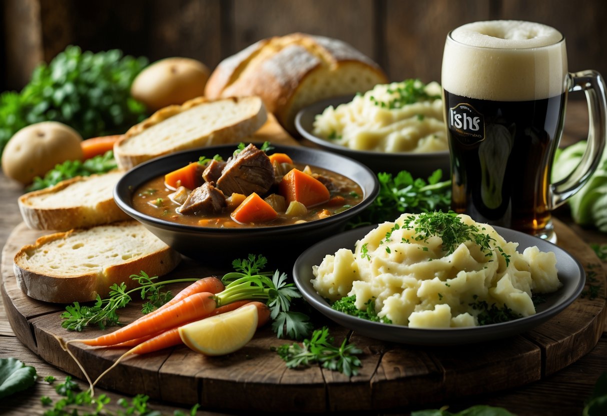 A table set with traditional Irish dishes including stew, soda bread, colcannon, and a pint of dark beer.