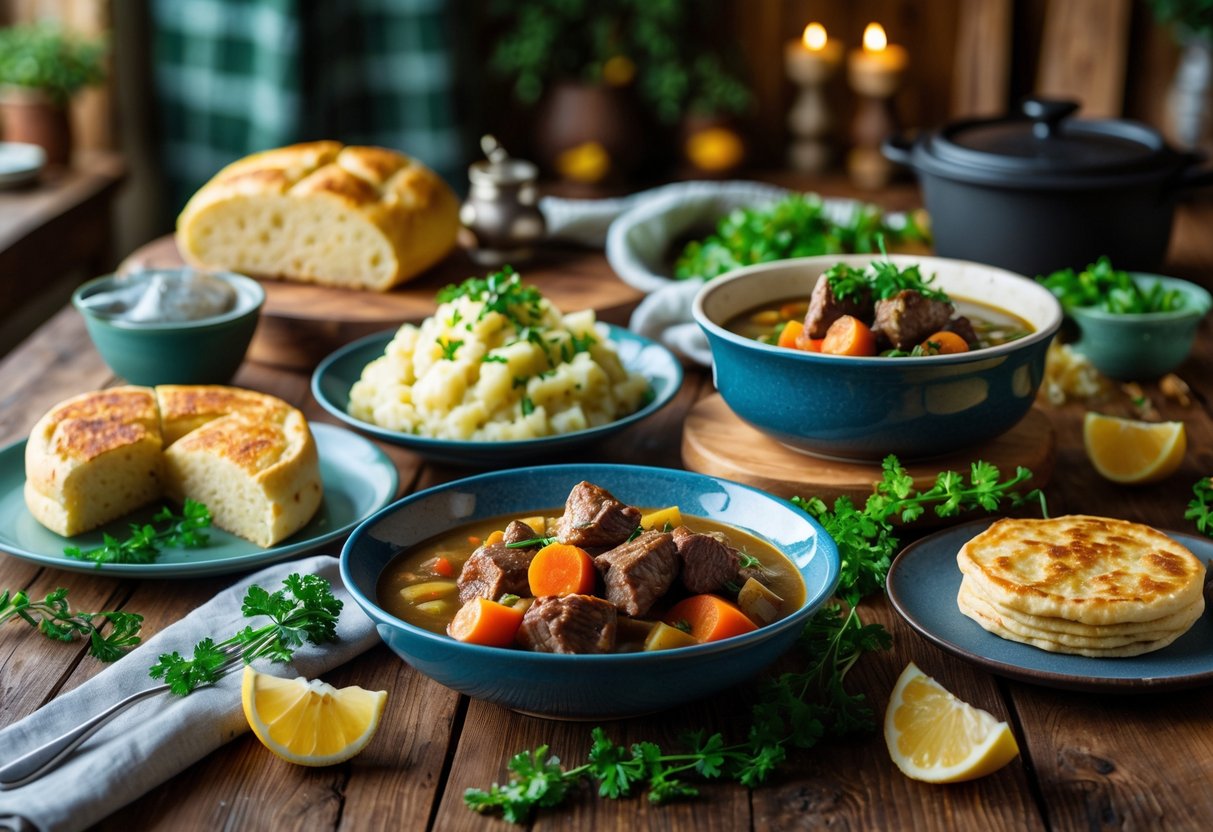 A table set with traditional Irish dishes including stew, soda bread, colcannon, and boxty pancakes, surrounded by fresh herbs in a cozy kitchen setting.