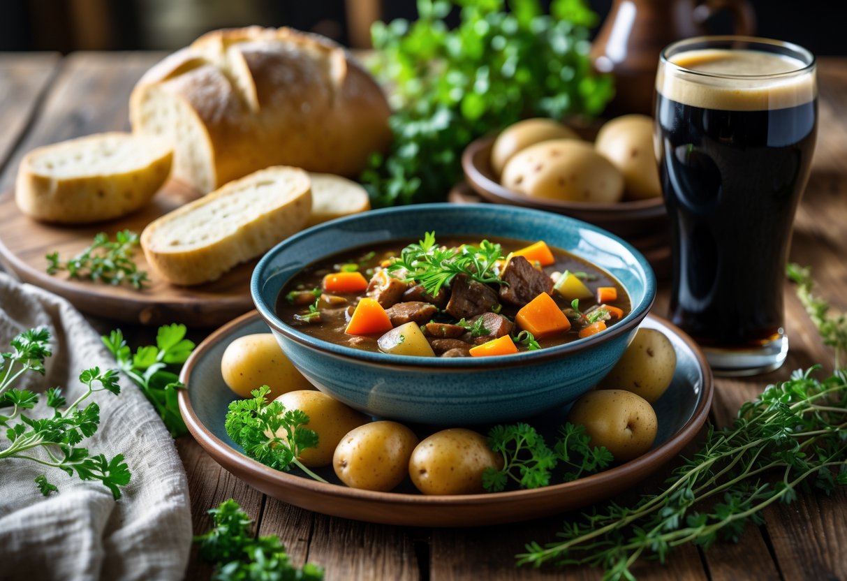 A rustic table displaying traditional Irish foods including soda bread, Irish stew, potatoes, cabbage, and a glass of stout in a cozy kitchen setting.