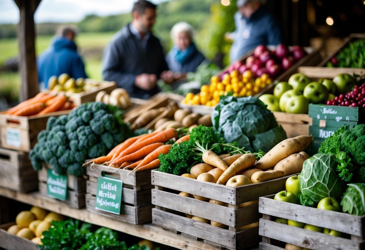 A market stall displaying fresh Irish seasonal vegetables and fruits with a vendor interacting with customers outdoors.