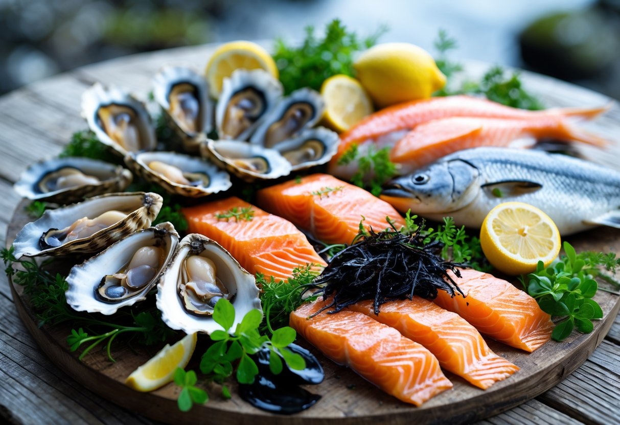Fresh Irish seasonal seafood including oysters, mussels, crab, salmon, and cod arranged on a wooden table with lemon wedges and herbs.