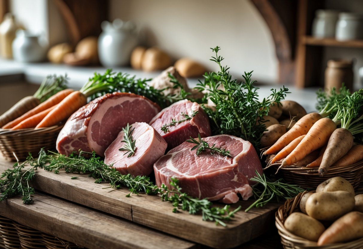 A rustic wooden table displaying fresh Irish seasonal meats and root vegetables in a farmhouse kitchen setting.