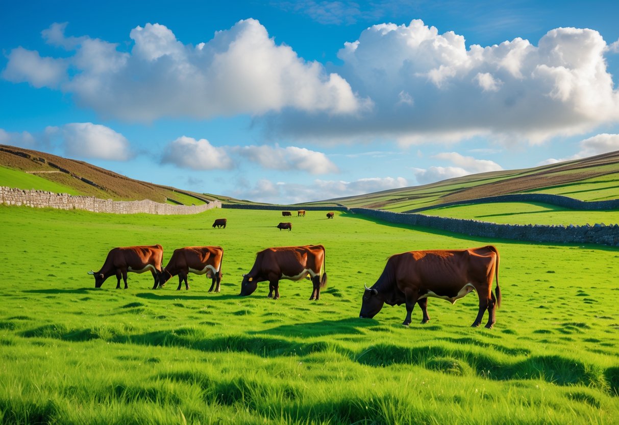 Cattle grazing on a green pasture with rolling hills and stone walls in the background under a blue sky.