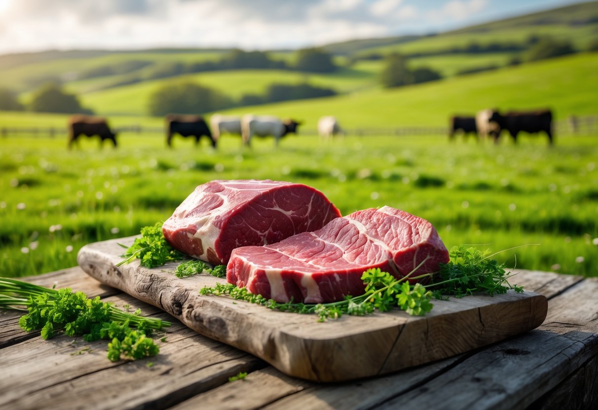 Raw cuts of Irish grass-fed beef displayed on a wooden board outdoors with green pastures and grazing cattle in the background.