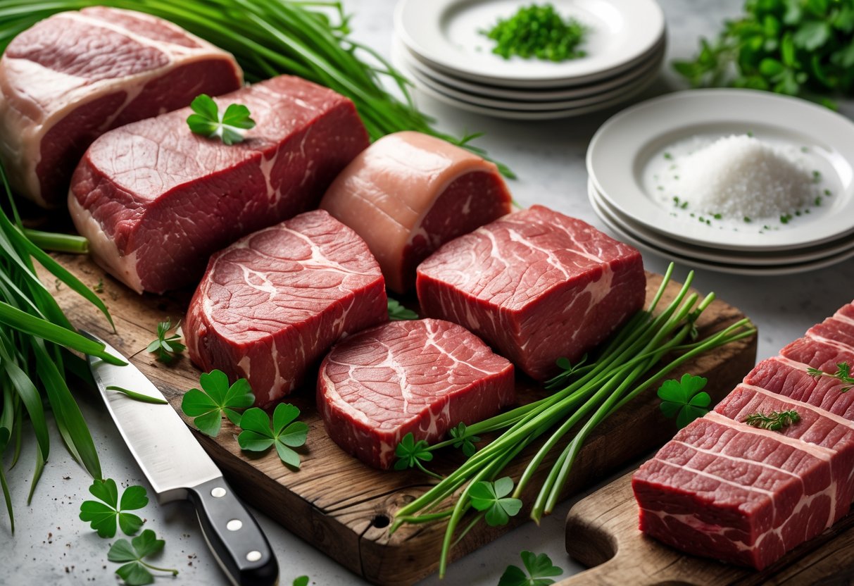 Close-up of different cuts of raw beef arranged on wooden boards and plates, with fresh green grass and herbs around them.