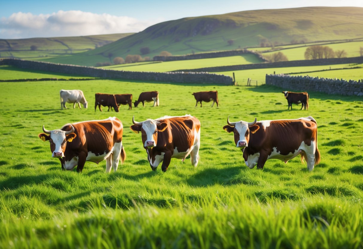 Cows grazing on green grass in a peaceful Irish countryside with rolling hills and stone walls in the background.