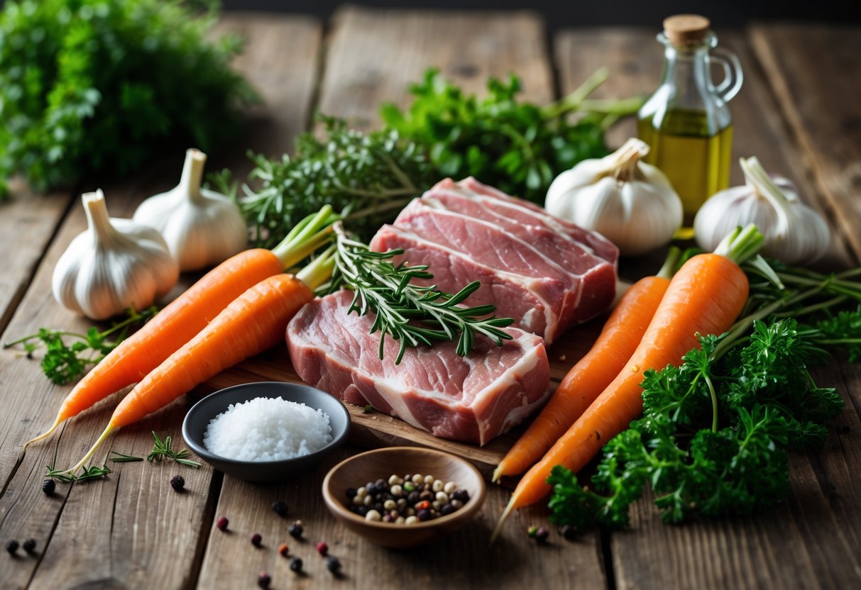 A rustic wooden table with raw lamb meat, fresh herbs, garlic, onions, carrots, salt, peppercorns, and olive oil arranged for cooking.