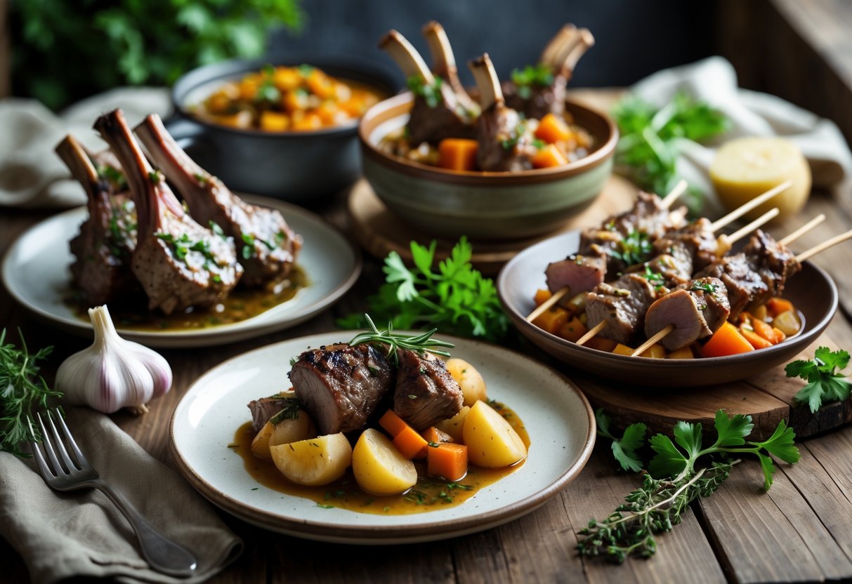 A variety of Irish lamb dishes including lamb chops, stew, and grilled skewers arranged on a wooden table with fresh herbs and vegetables.