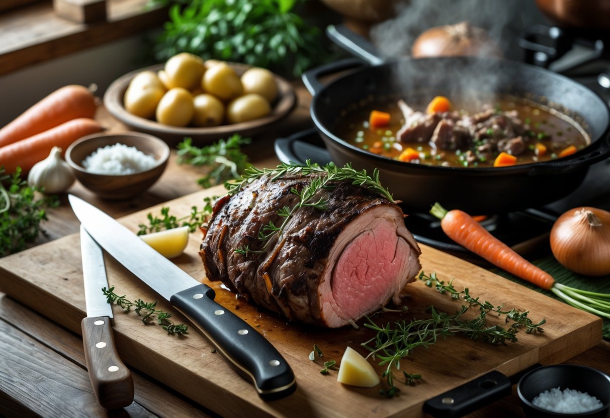 A kitchen scene with a cooked lamb roast on a cutting board, fresh herbs, vegetables, and a cast iron skillet with lamb stew on a stovetop.